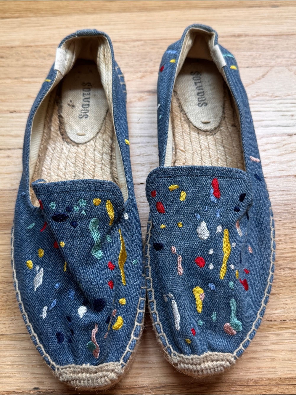 Soludos Blue Embroidered Espadrilles with Multicolor Paint-Splatter